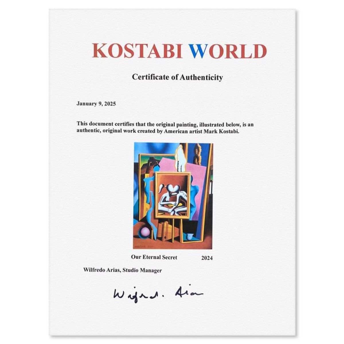 Mark Kostabi, "Our Eternal Secret" Framed Original Oil Painting on Canvas, Hand Signed with a Certificate of Authenticity.