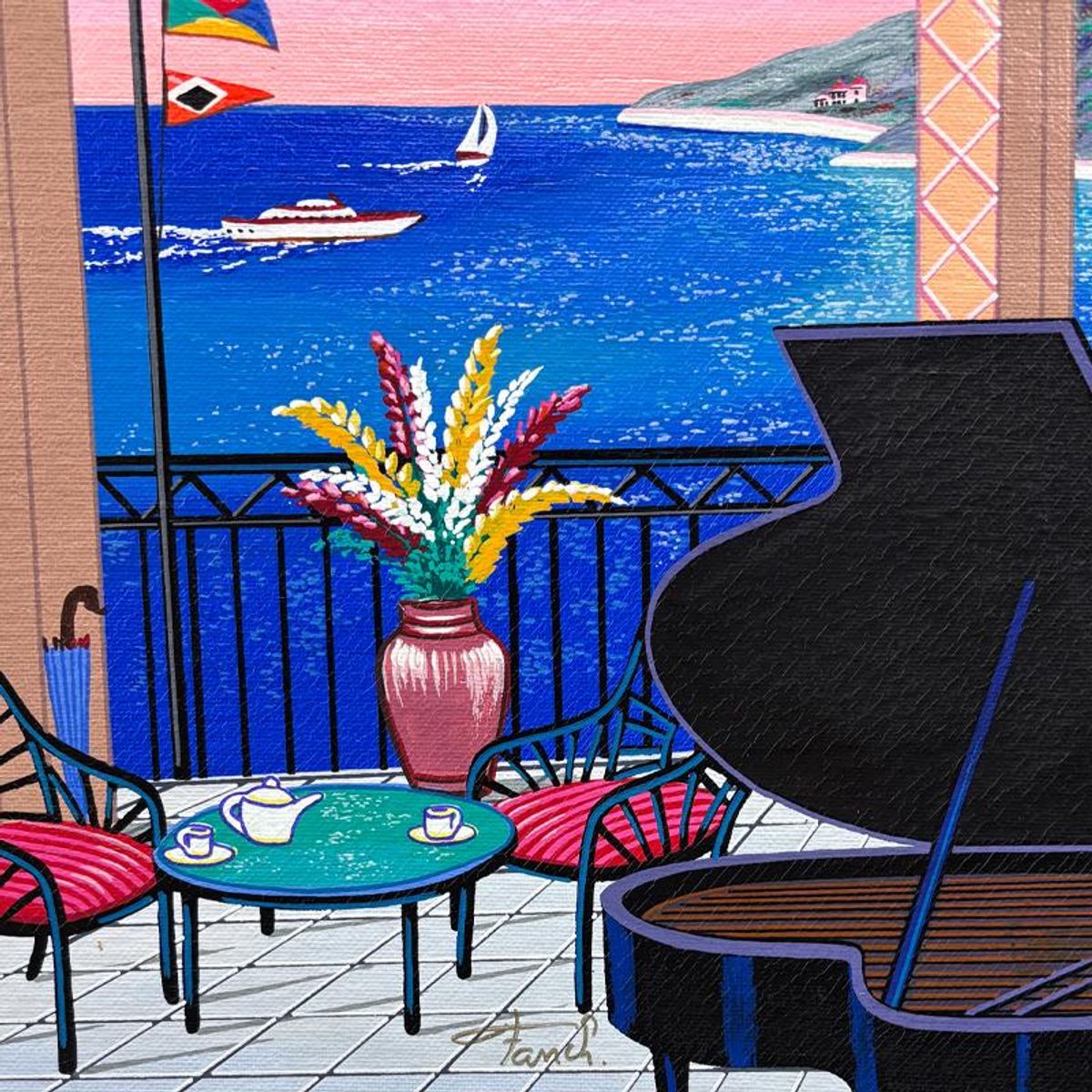 Fanch Ledan, "Terrace au Piano" Limited Edition Serigraph on Canvas, AP Numbered and Hand Signed with Certificate of Authenticity.
