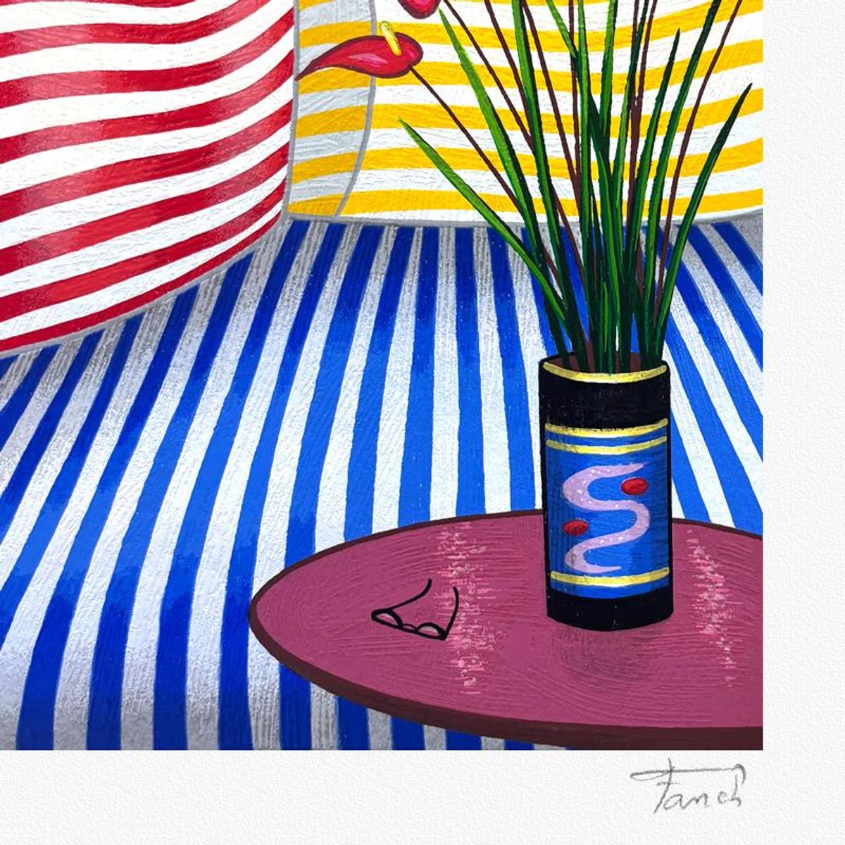 Fanch Ledan, "Striped Sofa Over CP" Limited Edition Serigraph, AP Numbered and Hand Signed with Letter of Authenticity.