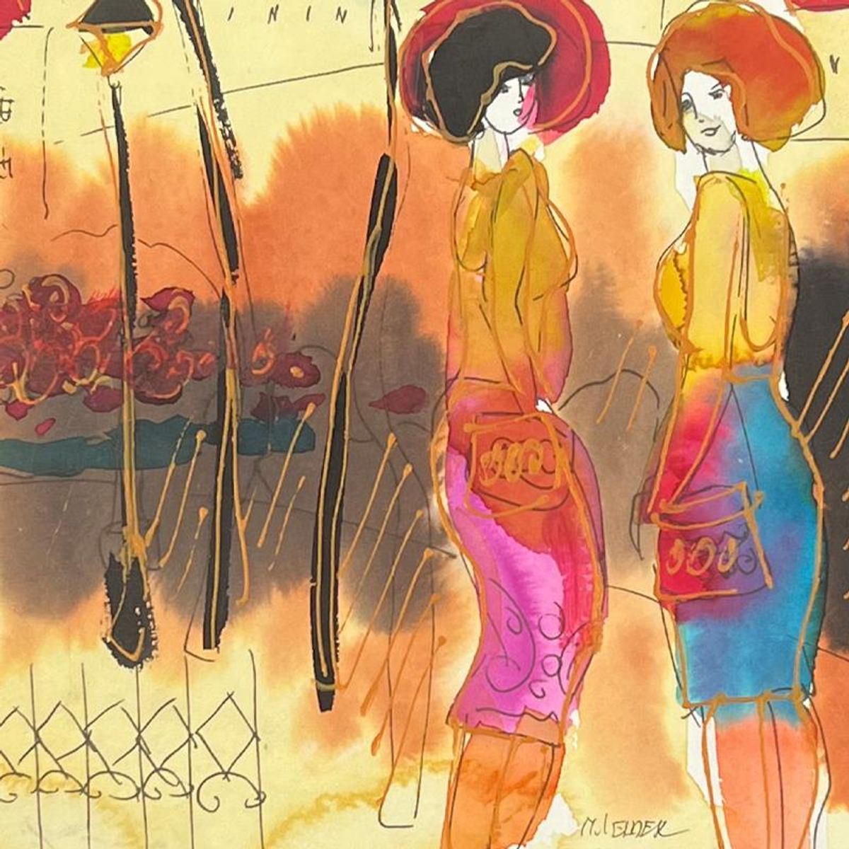 Moshe Leider, Framed Original Mixed Media Watercolor Painting, Hand Signed with Letter of Authenticity.