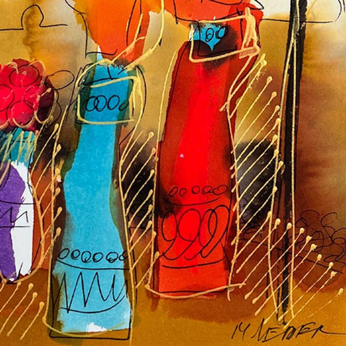 Moshe Leider, Framed Original Mixed Media Watercolor Painting, Hand Signed with Letter of Authenticity.