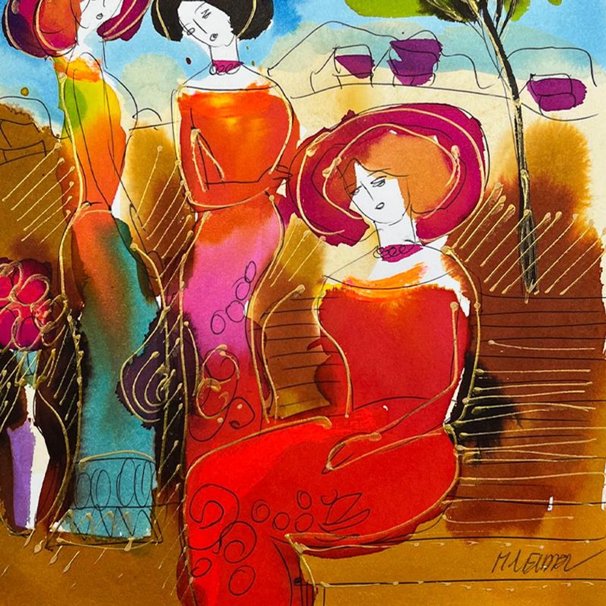 Moshe Leider, Framed Original Mixed Media Watercolor Painting, Hand Signed with Letter of Authenticity.