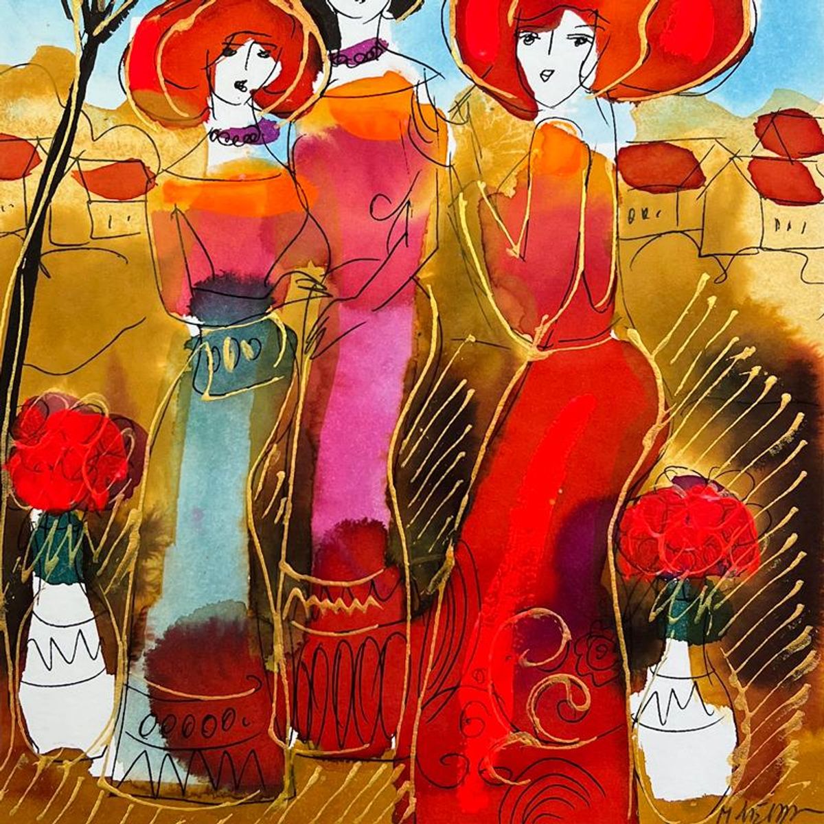 Moshe Leider, Framed Original Mixed Media Watercolor Painting, Hand Signed with Letter of Authenticity.