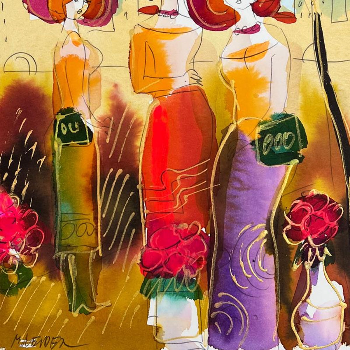 Moshe Leider, Framed Original Mixed Media Watercolor Painting, Hand Signed with Letter of Authenticity.