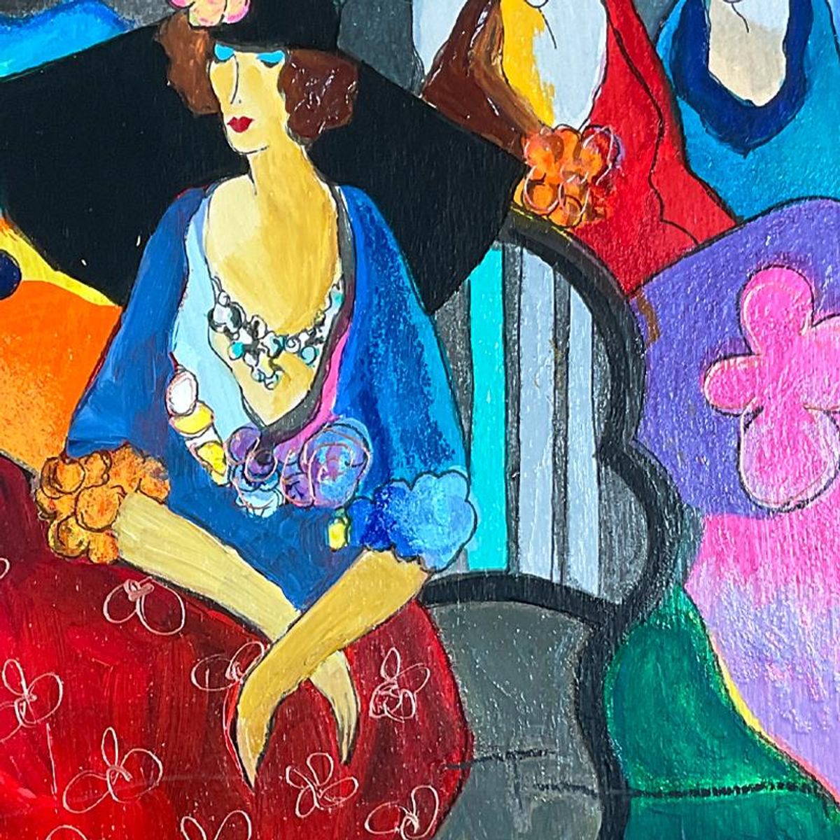 Itzchak Tarkay (1935-2012), "Gossip" Framed One-of-a-Kind Mixed Media Over Paint on Wood, Hand Signed with Letter of Authenticity