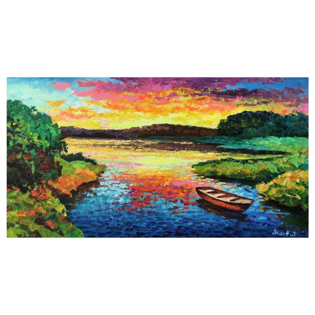 Alexander Antanenka, "Sunset Canoe" Original Painting on Canvas, Hand Signed with Letter of Authenticity.