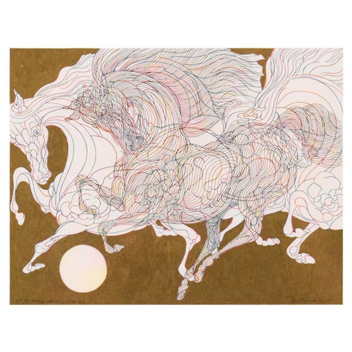Guillaume Azoulay, "Etude Trois Chevaux" Framed Original Hand Colored Drawing with Hand Laid Gold Leaf, Hand Signed with Letter of Authenticity