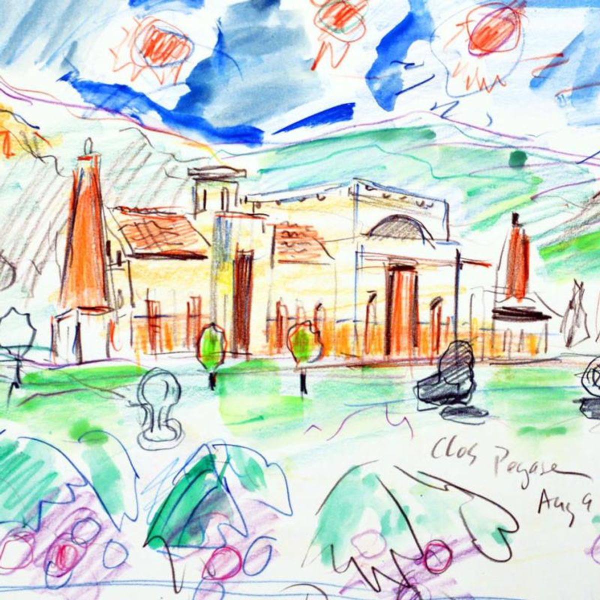 Wayne Ensrud, "Clos Pegase, Napa Valley" Mixed Media Original Artwork; Hand Signed; COA