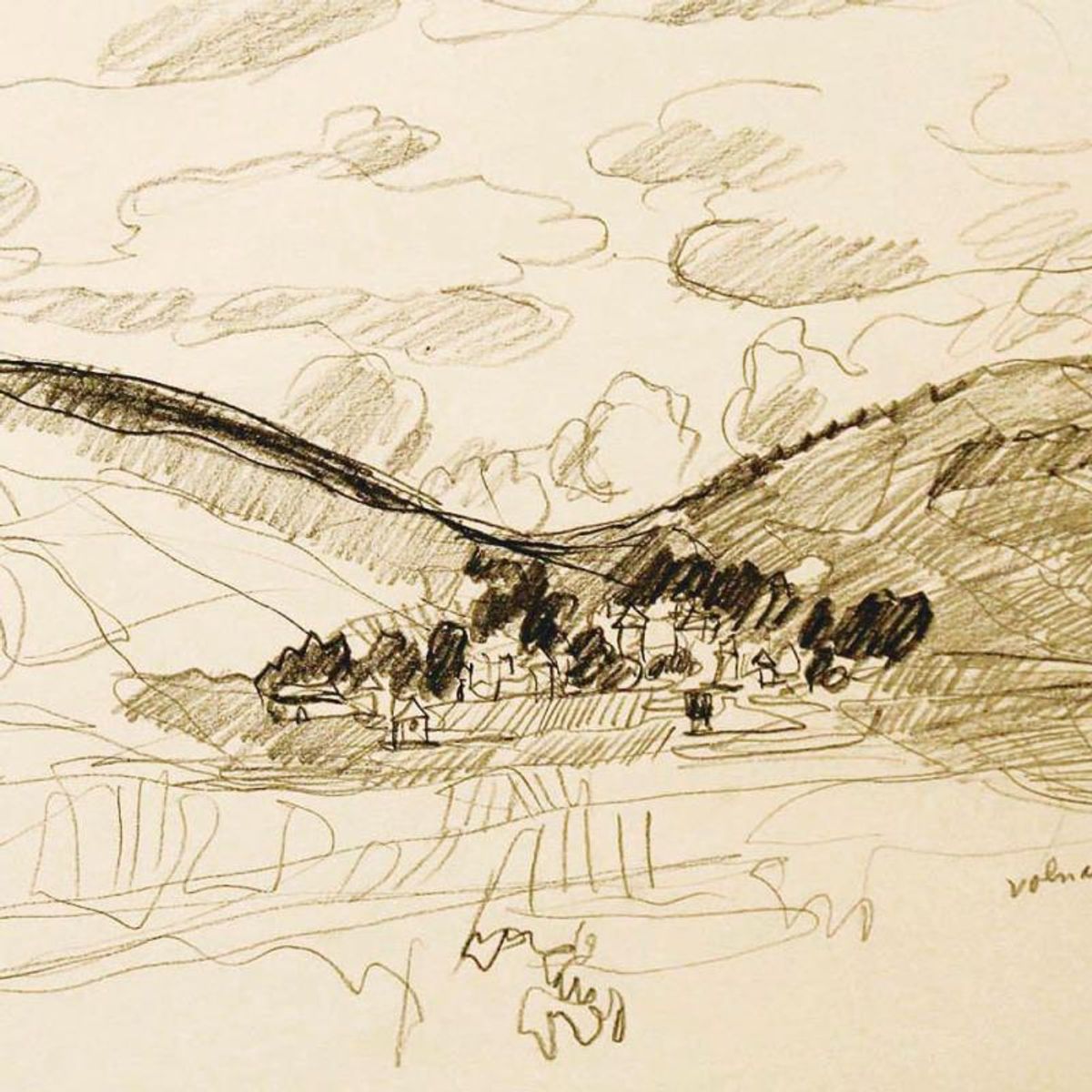 Wayne Ensrud, "View of Volnay in Burgundy" Pencil Original Artwork; Hand Signed; COA