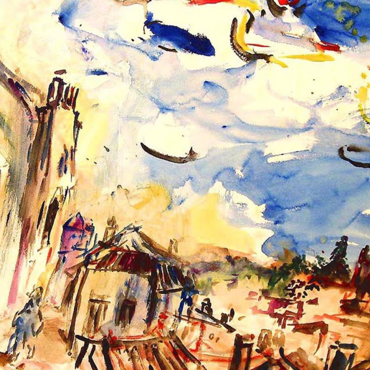 Wayne Ensrud, "Blue Skies Over St Emilion" Watercolor Original Artwork; Hand Signed; COA