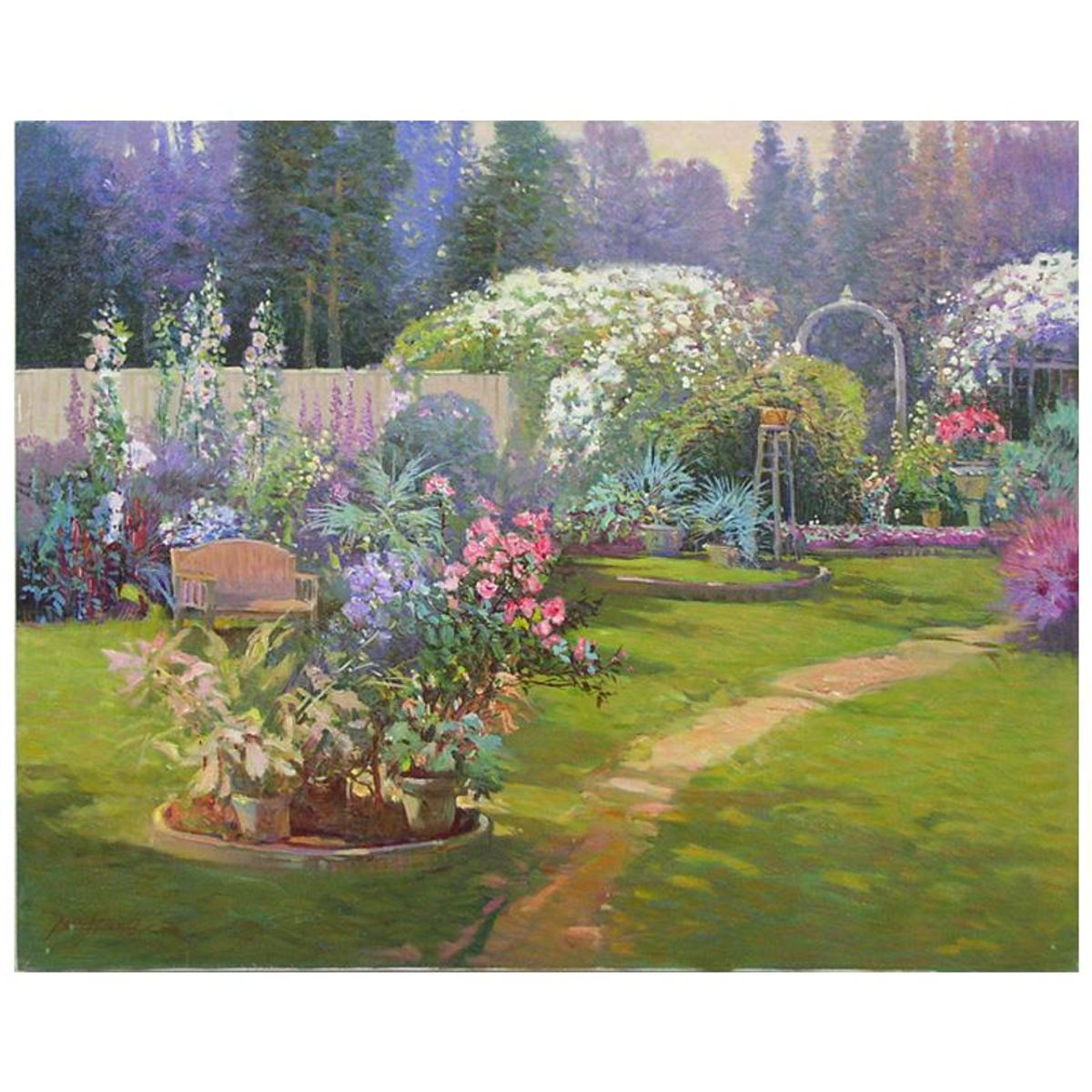 Ming Feng, "Late Summer Garden" Original Oil Painting on Canvas, Hand Signed with Letter of Authenticity.