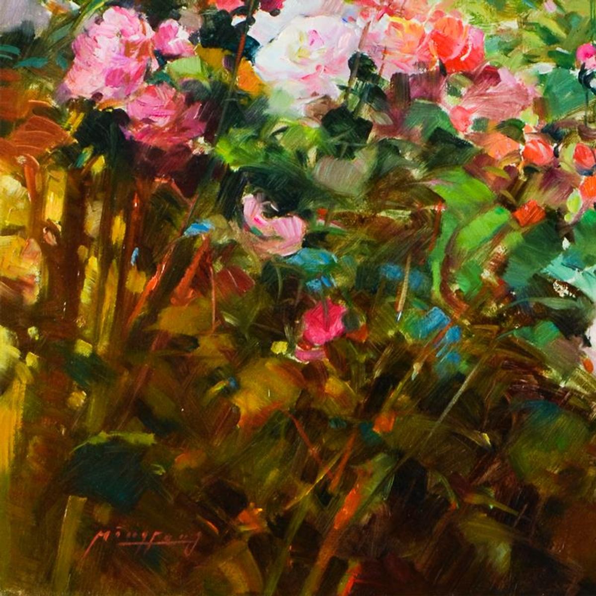 Ming Feng, "Fragrant Garden" Original Oil Painting on Canvas, Hand Signed with Letter of Authenticity.