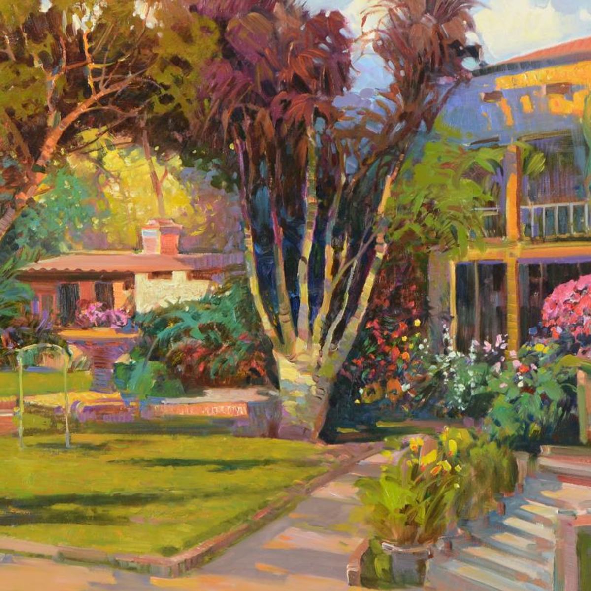 Ming Feng, "Hideaway Villa" Framed Original Oil Painting on Canvas, Hand Signed with Letter of Authenticity.