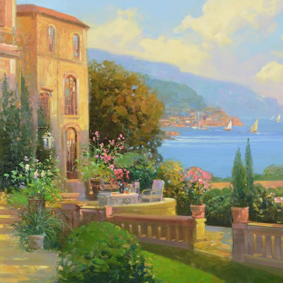 Ming Feng, "Majestic Riviera" Original Oil Painting on Canvas, Hand Signed with Letter of Authenticity.