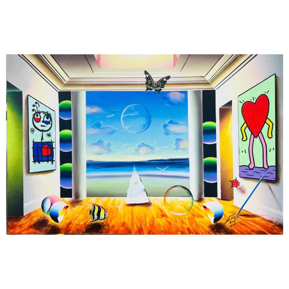Ferjo, "Miro Loves Haring on the Bay" Hand Signed Original Painting on Canvas with Letter of Authenticity