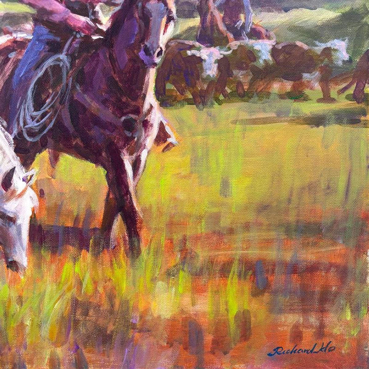 Richard Ho, "Cattle Drive West" Original Acrylic Painting on Canvas, Hand Signed with Letter of Authenticity.