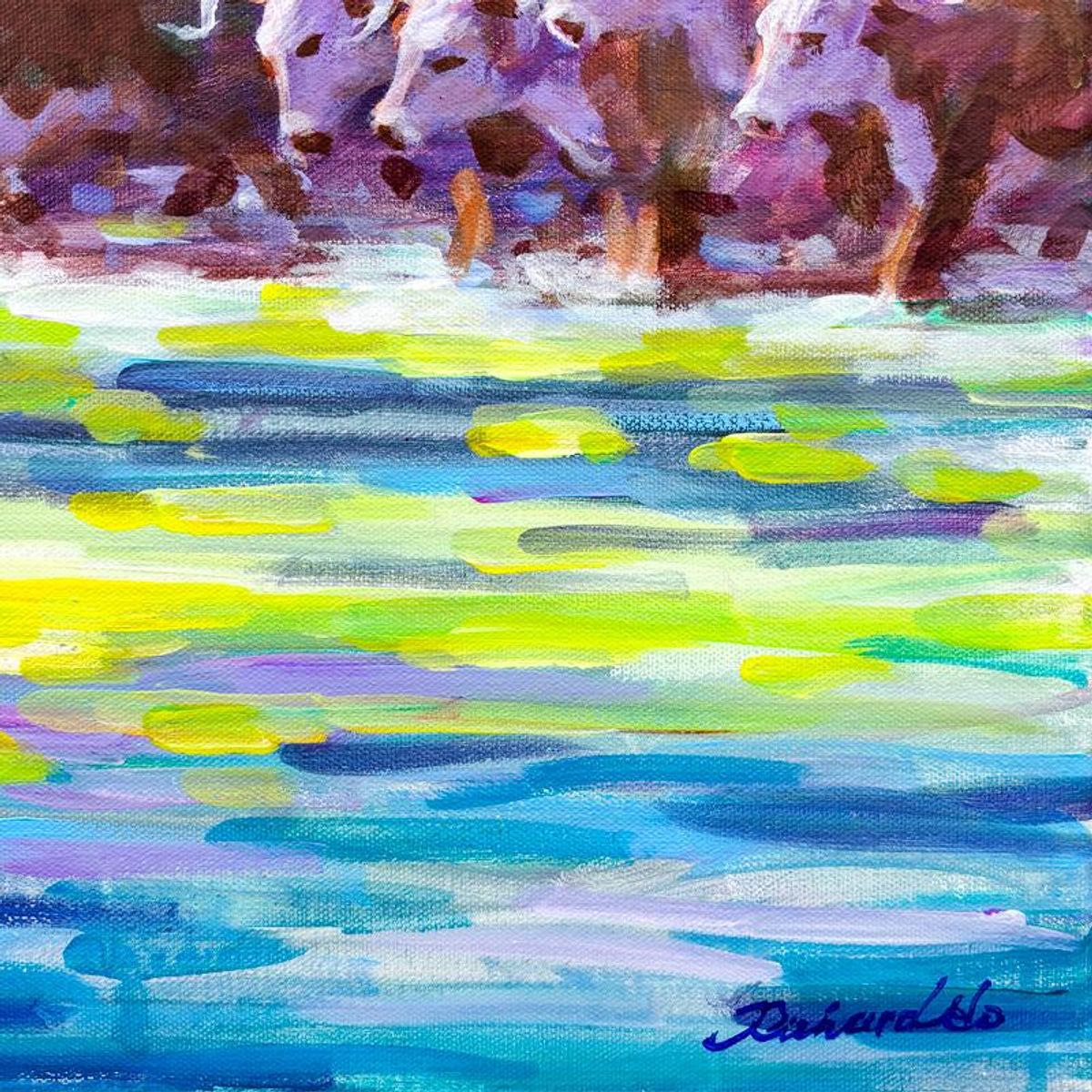Richard Ho, "Cattle Crossing" Original Acrylic Painting on Canvas, Hand Signed with Letter of Authenticity.