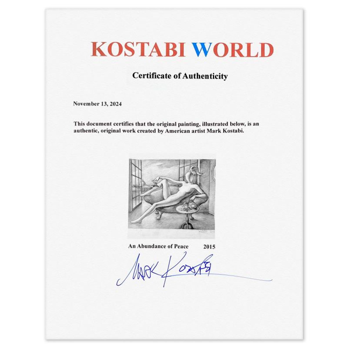 Mark Kostabi, "An Abundance of Peace" Framed Original Mixed Media Drawing on Paper, Hand Signed with Certificate of Authenticity