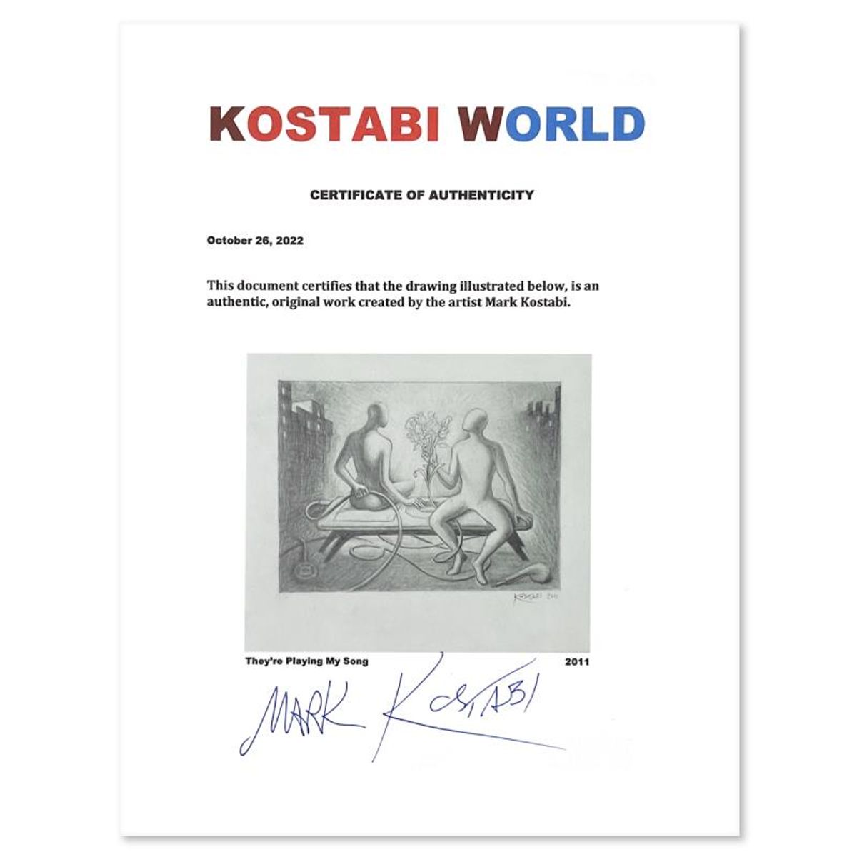 Mark Kostabi, "They're Playing My Song" Framed Original Drawing on Paper, Hand Signed with Certificate of Authenticity