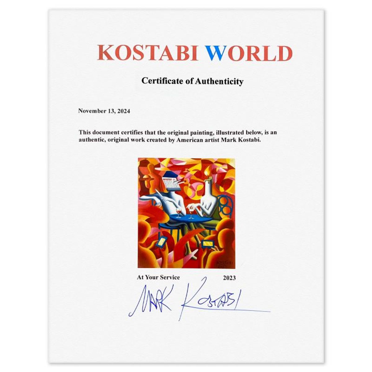 Mark Kostabi, "At Your Service" Framed Original Oil Painting on Canvas, Hand Signed with Letter of Authenticity.