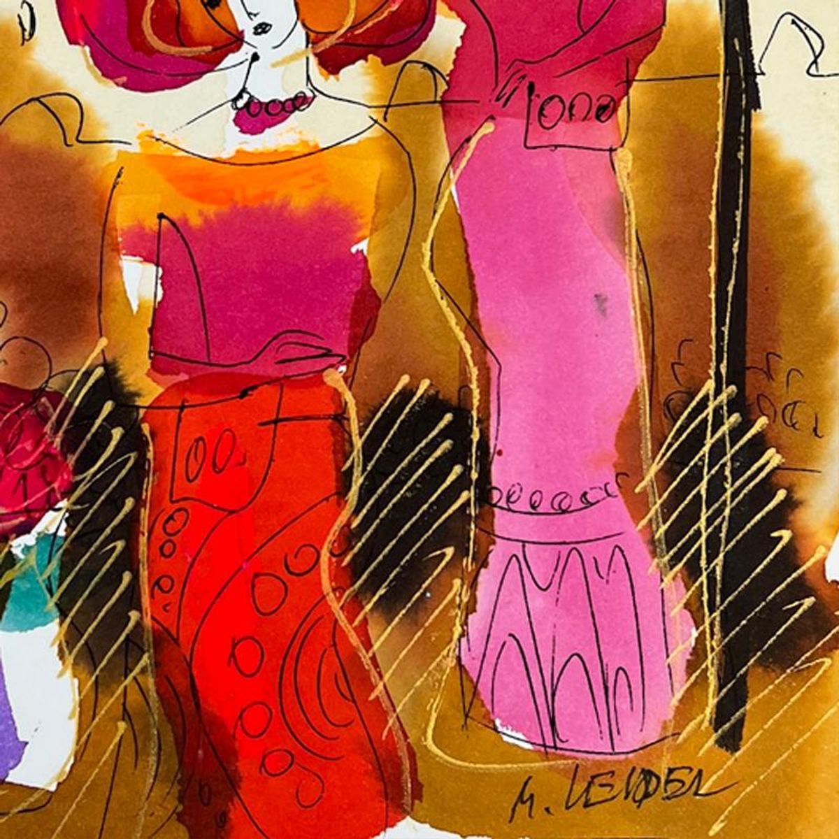 Moshe Leider, Framed Original Mixed Media Watercolor Painting, Hand Signed with Letter of Authenticity.