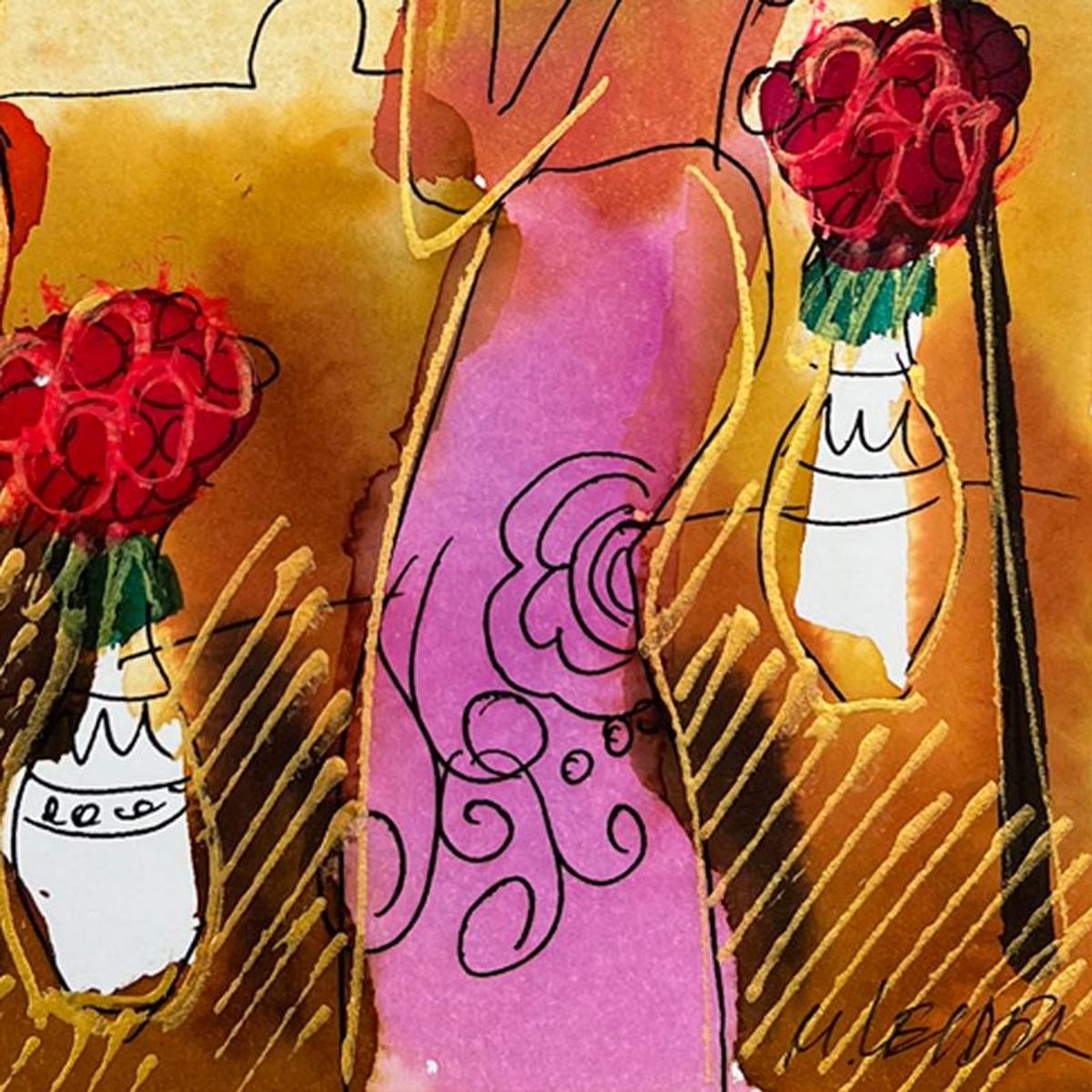 Moshe Leider, Framed Original Mixed Media Watercolor Painting, Hand Signed with Letter of Authenticity.
