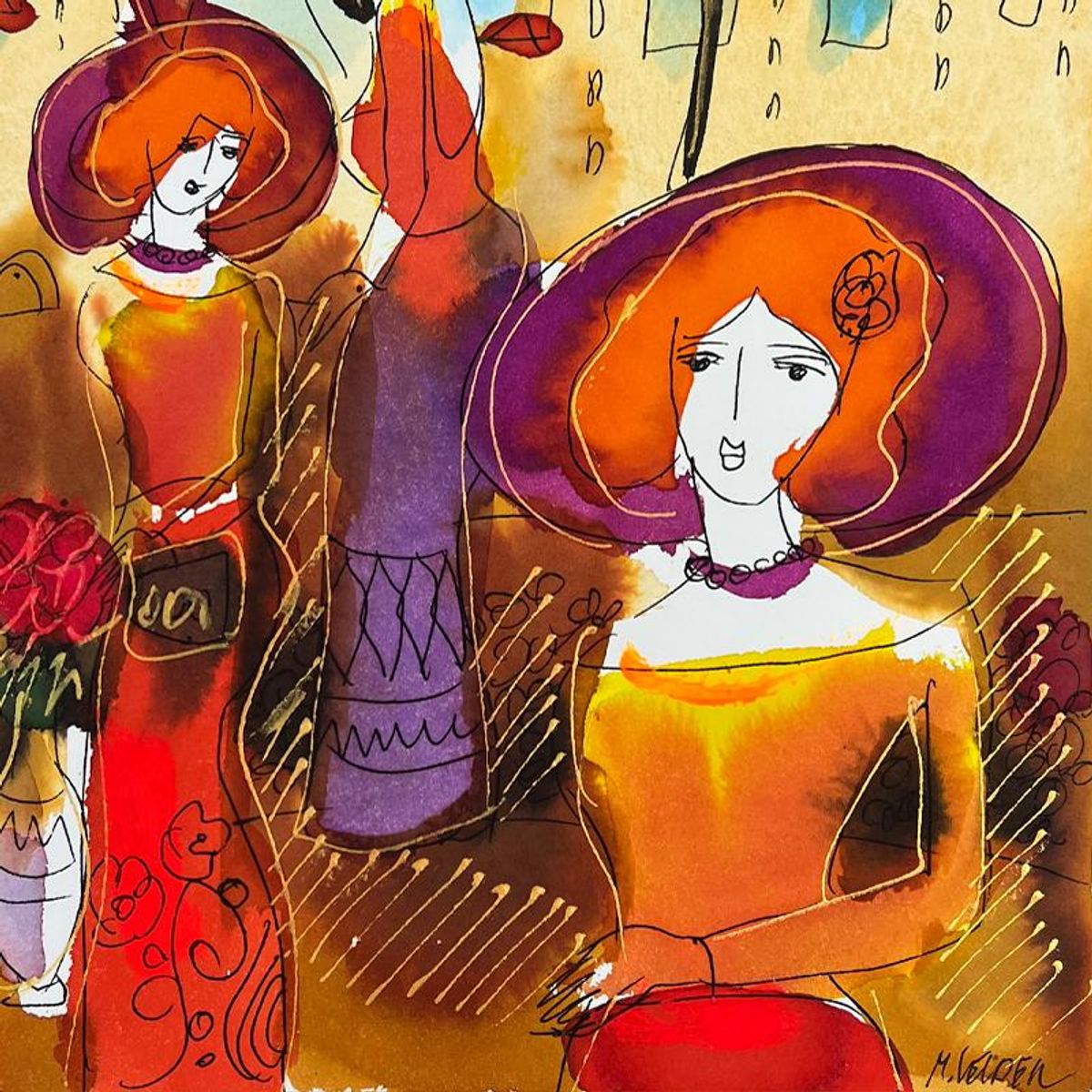 Moshe Leider, Framed Original Mixed Media Watercolor Painting, Hand Signed with Letter of Authenticity.