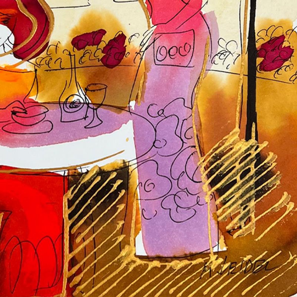 Moshe Leider, Framed Original Mixed Media Watercolor Painting, Hand Signed with Letter of Authenticity.