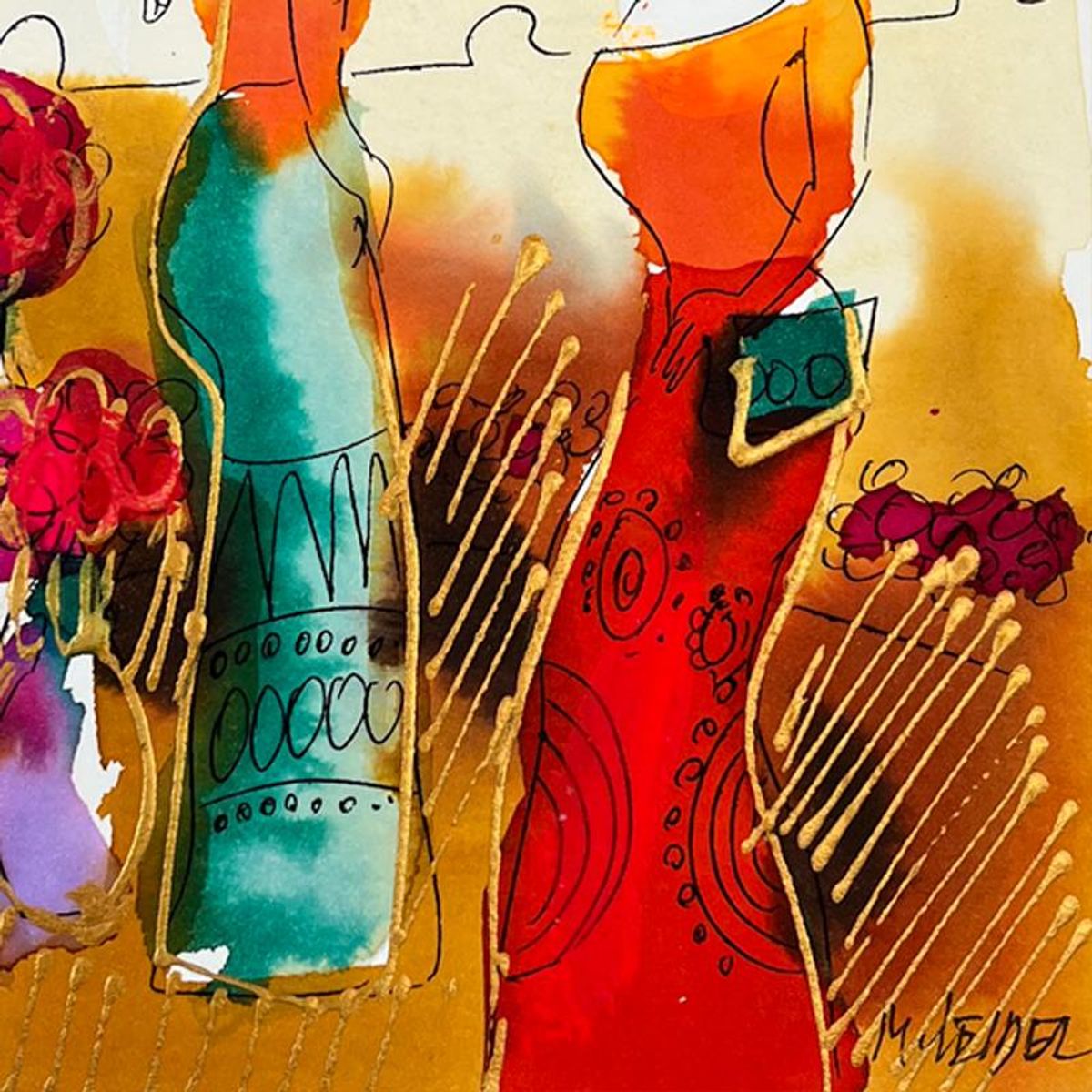 Moshe Leider, Framed Original Mixed Media Watercolor Painting, Hand Signed with Letter of Authenticity.