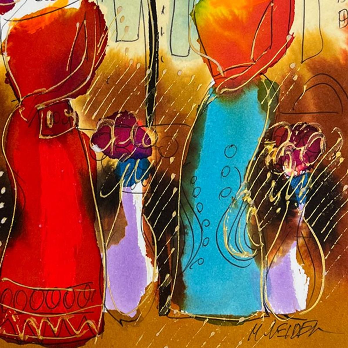 Moshe Leider, Framed Original Mixed Media Watercolor Painting, Hand Signed with Letter of Authenticity.