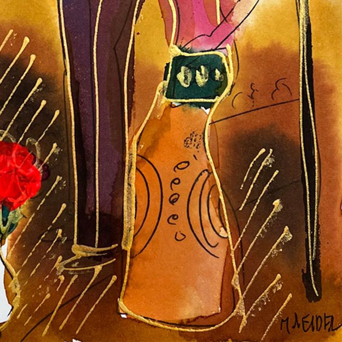 Moshe Leider, Framed Original Mixed Media Watercolor Painting, Hand Signed with Letter of Authenticity.