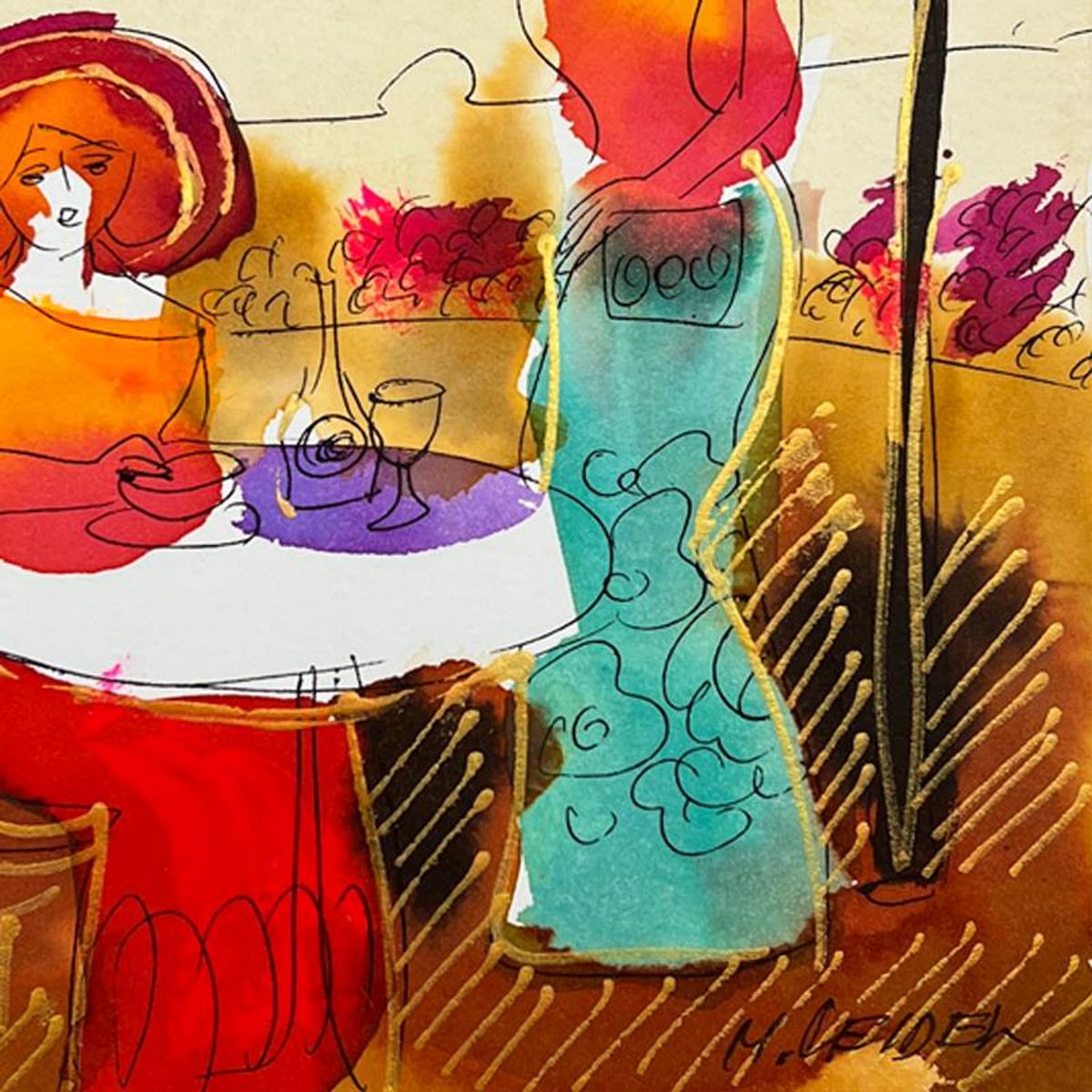 Moshe Leider, Framed Original Mixed Media Watercolor Painting, Hand Signed with Letter of Authenticity.