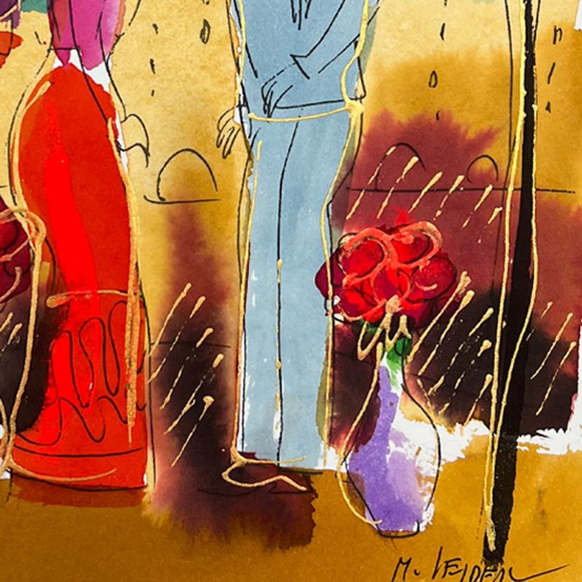 Moshe Leider, Framed Original Mixed Media Watercolor Painting, Hand Signed with Letter of Authenticity.