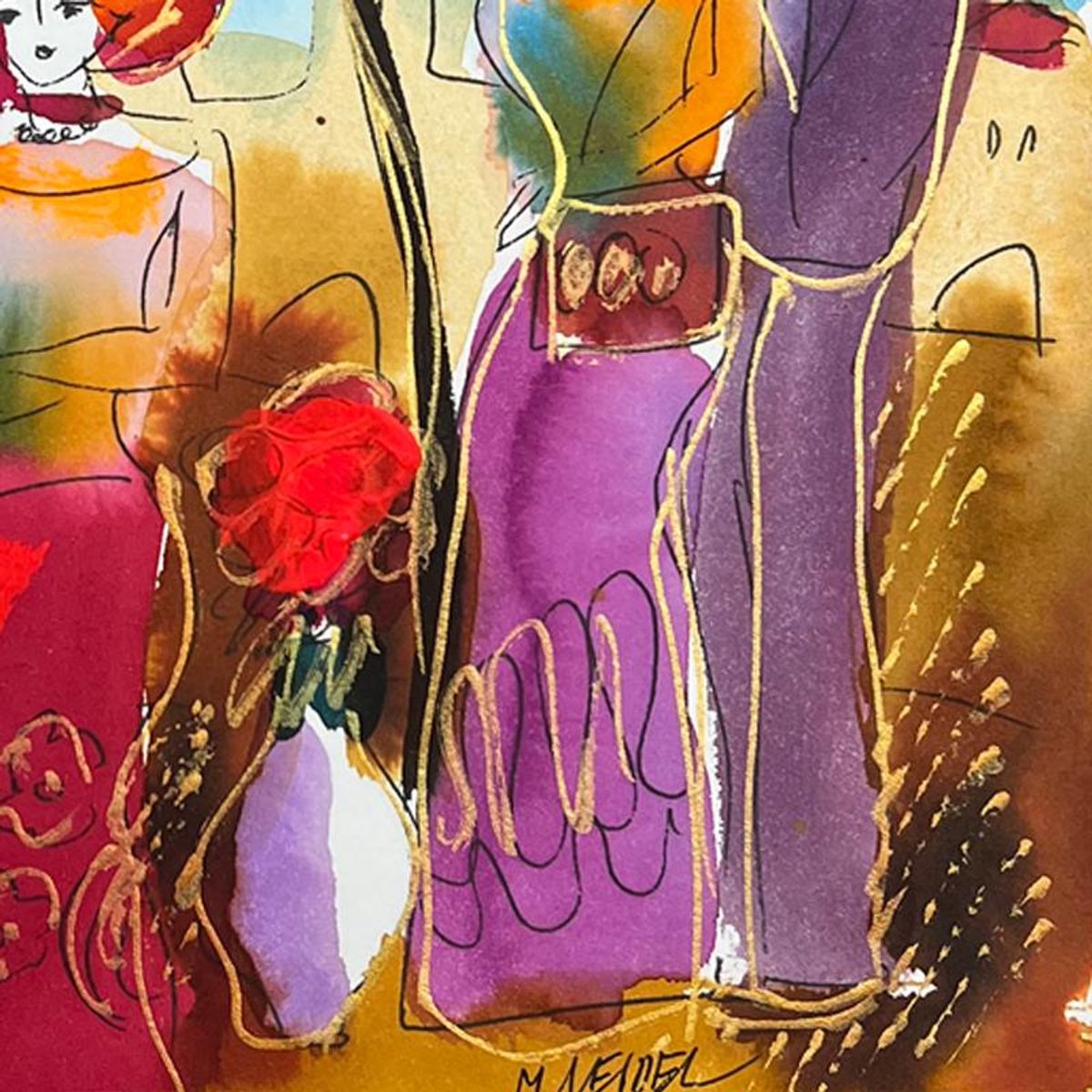 Moshe Leider, Framed Original Mixed Media Watercolor Painting, Hand Signed with Letter of Authenticity.