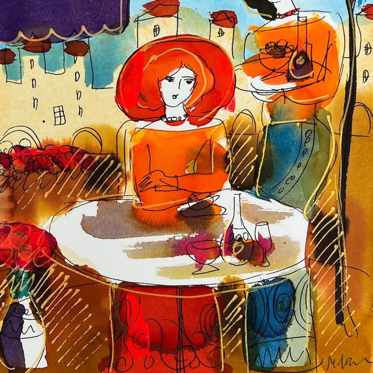 Moshe Leider, Framed Original Mixed Media Watercolor Painting, Hand Signed with Letter of Authenticity.
