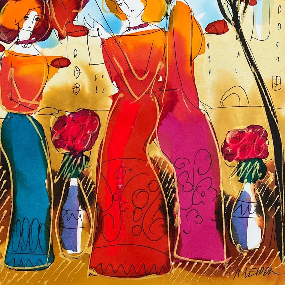 Moshe Leider, Framed Original Mixed Media Watercolor Painting, Hand Signed with Letter of Authenticity.