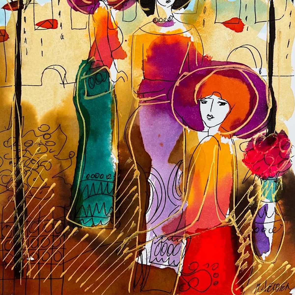 Moshe Leider, Framed Original Mixed Media Watercolor Painting, Hand Signed with Letter of Authenticity.