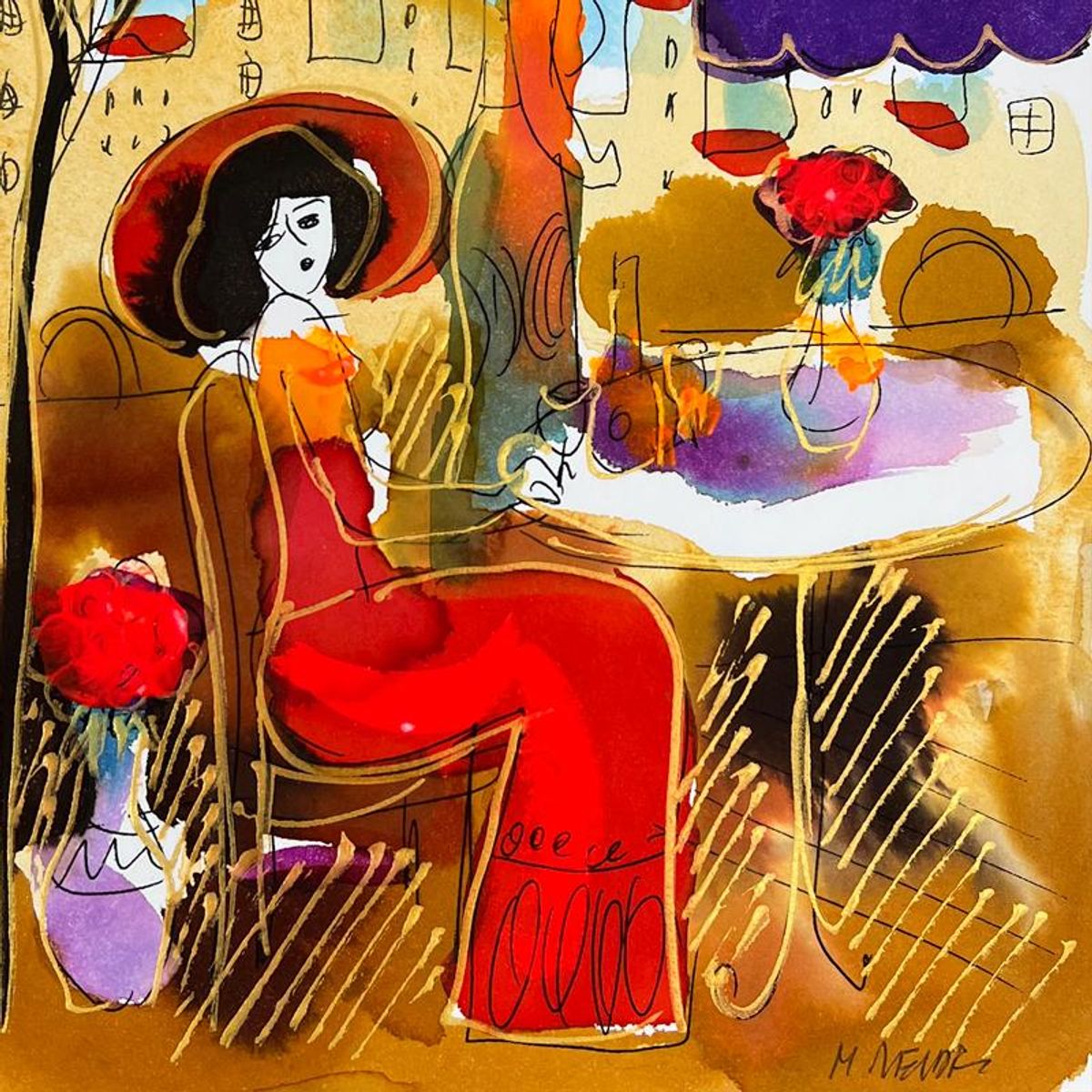 Moshe Leider, Framed Original Mixed Media Watercolor Painting, Hand Signed with Letter of Authenticity.