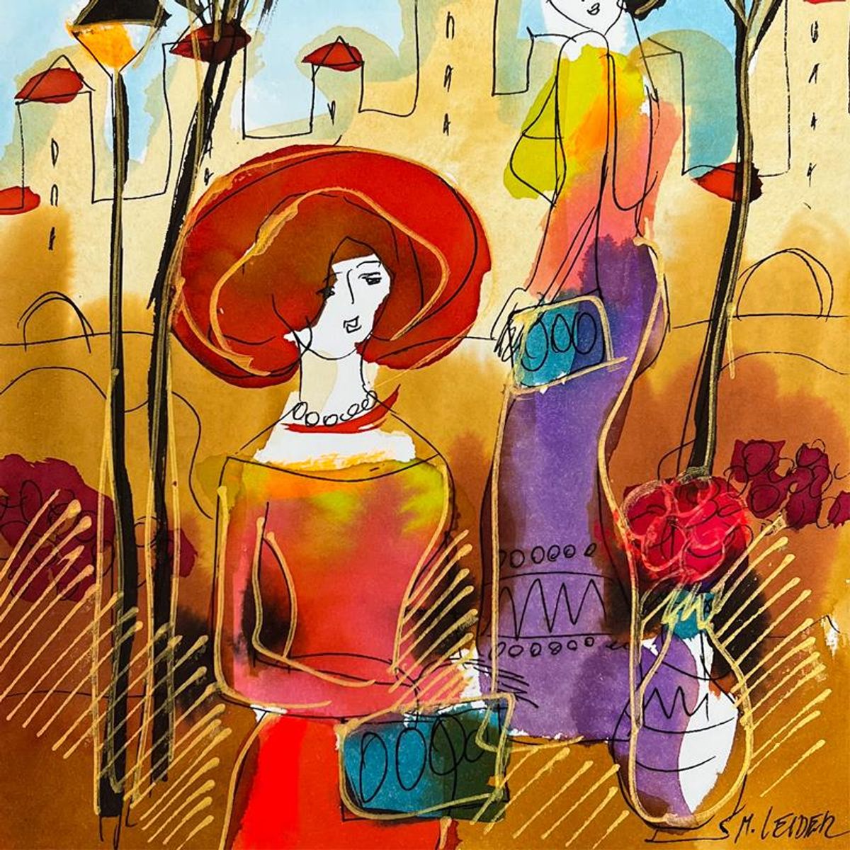 Moshe Leider, Framed Original Mixed Media Watercolor Painting, Hand Signed with Letter of Authenticity.