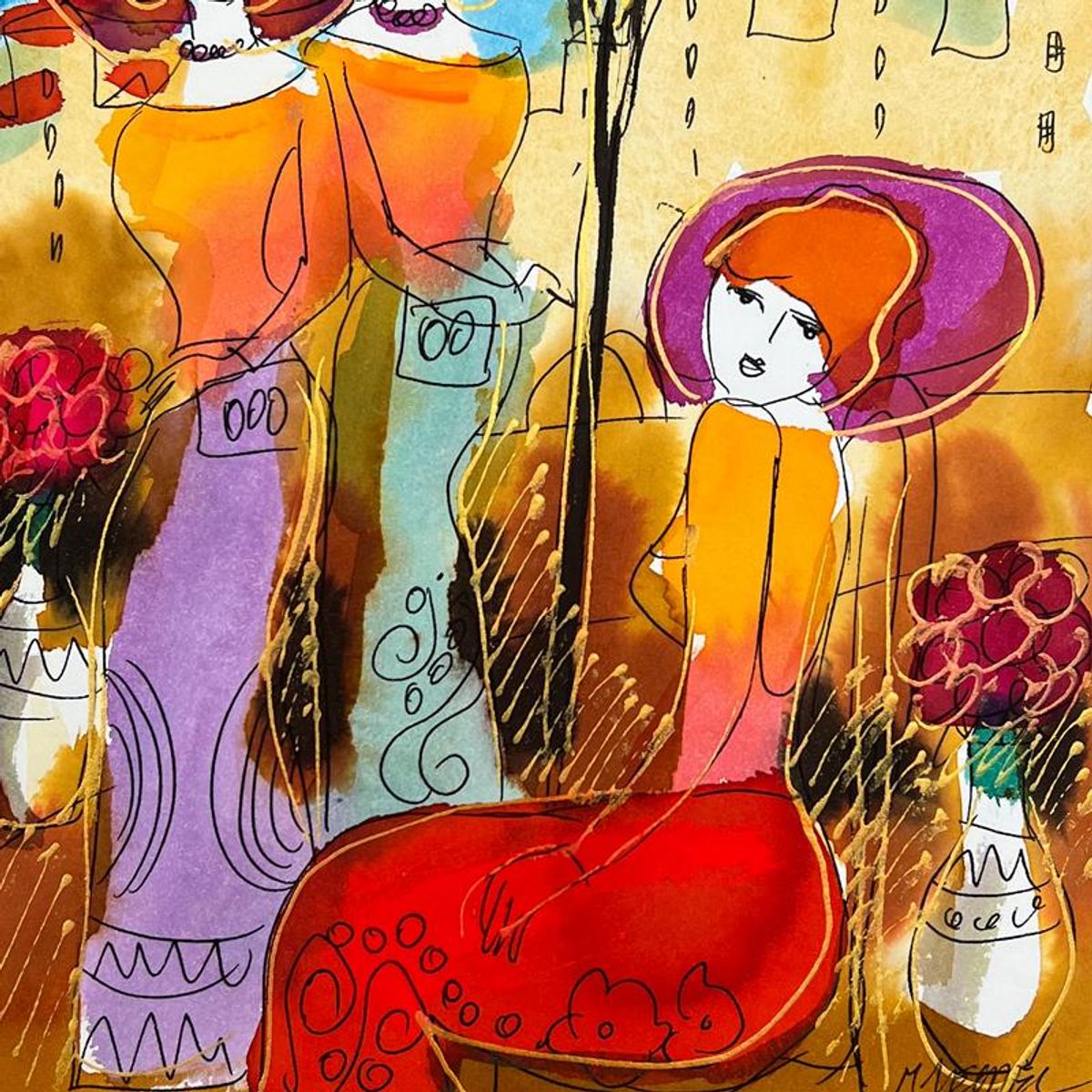 Moshe Leider, Framed Original Mixed Media Watercolor Painting, Hand Signed with Letter of Authenticity.