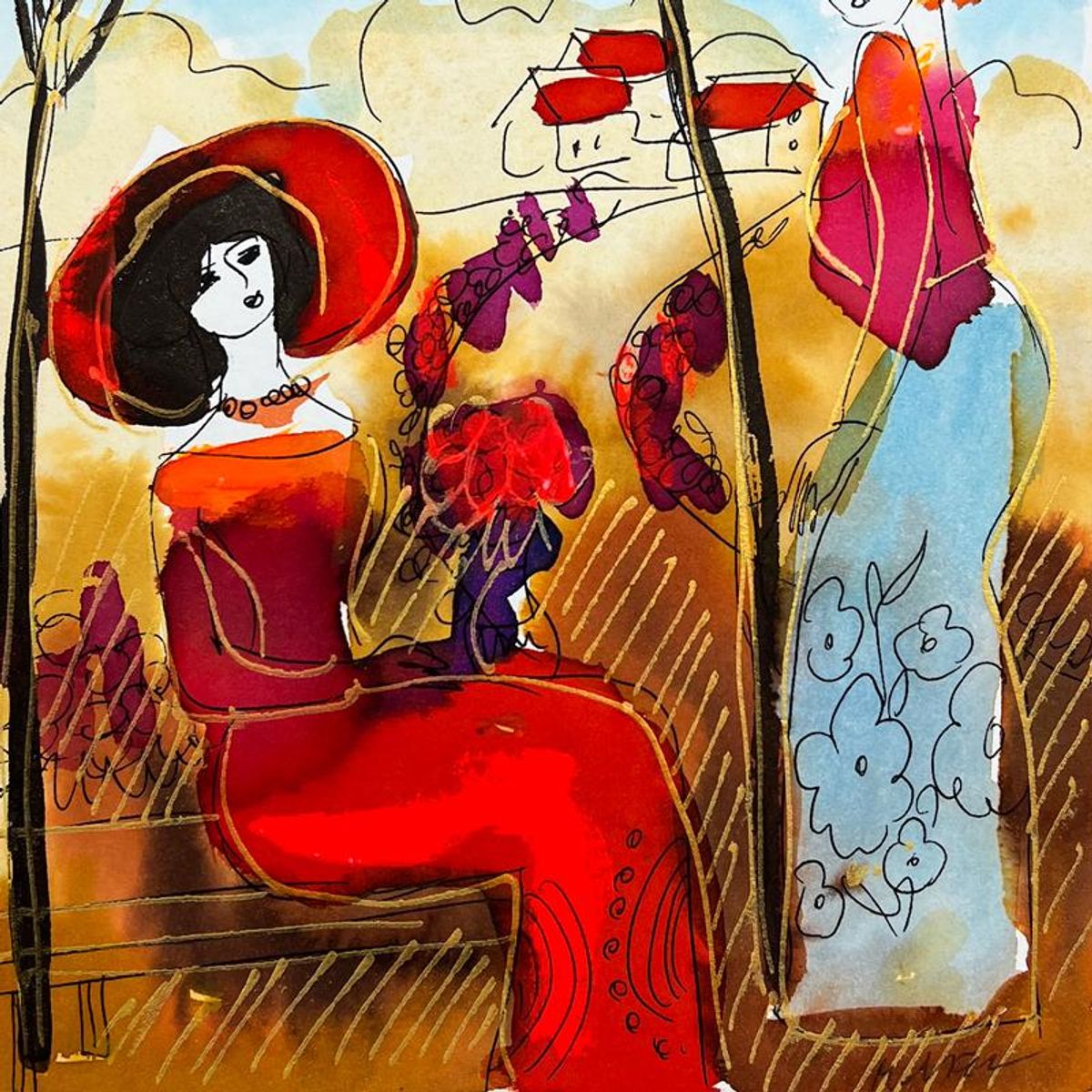 Moshe Leider, Framed Original Mixed Media Watercolor Painting, Hand Signed with Letter of Authenticity.