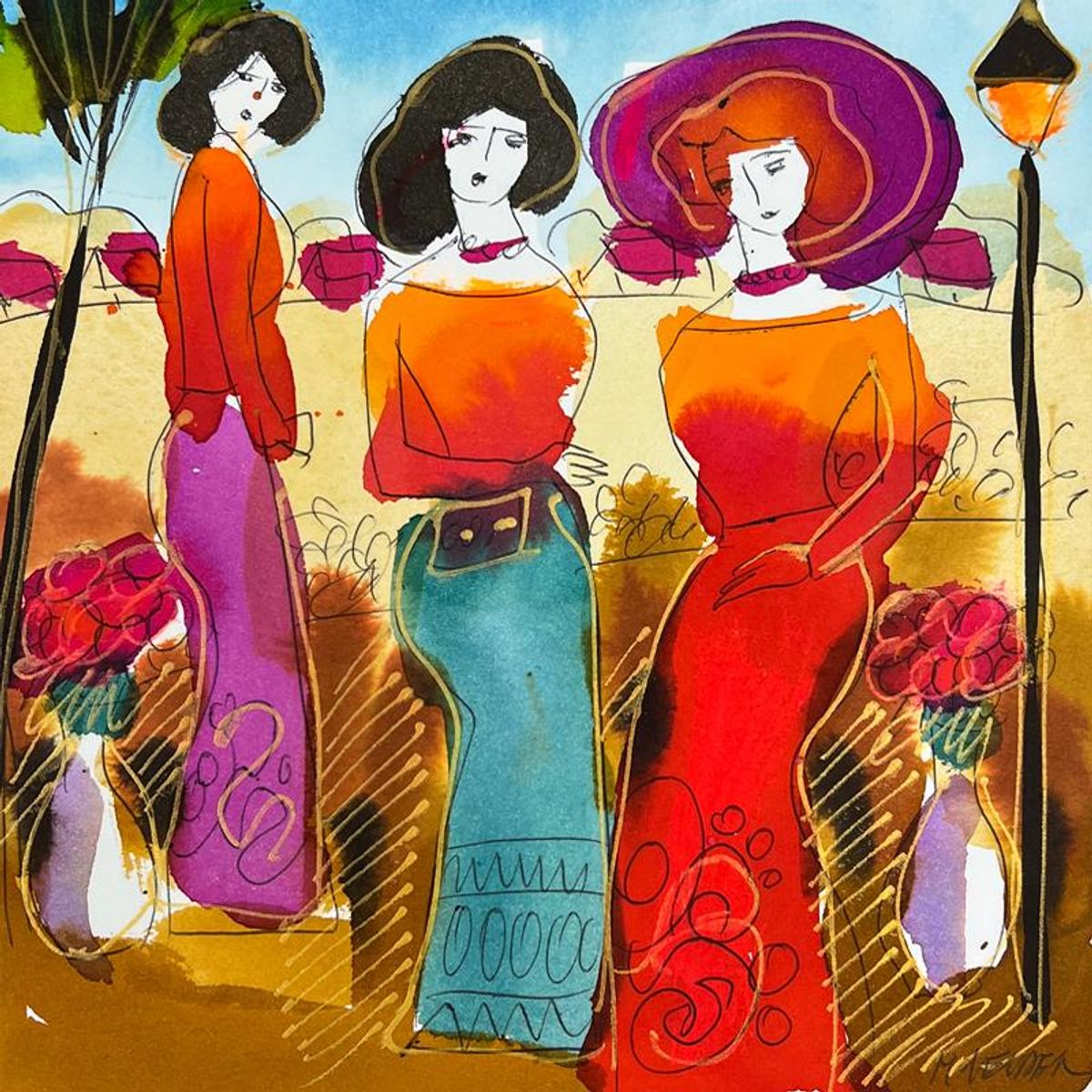 Moshe Leider, Framed Original Mixed Media Watercolor Painting, Hand Signed with Letter of Authenticity.