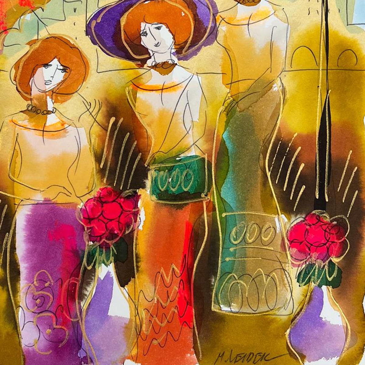 Moshe Leider, Framed Original Mixed Media Watercolor Painting, Hand Signed with Letter of Authenticity.