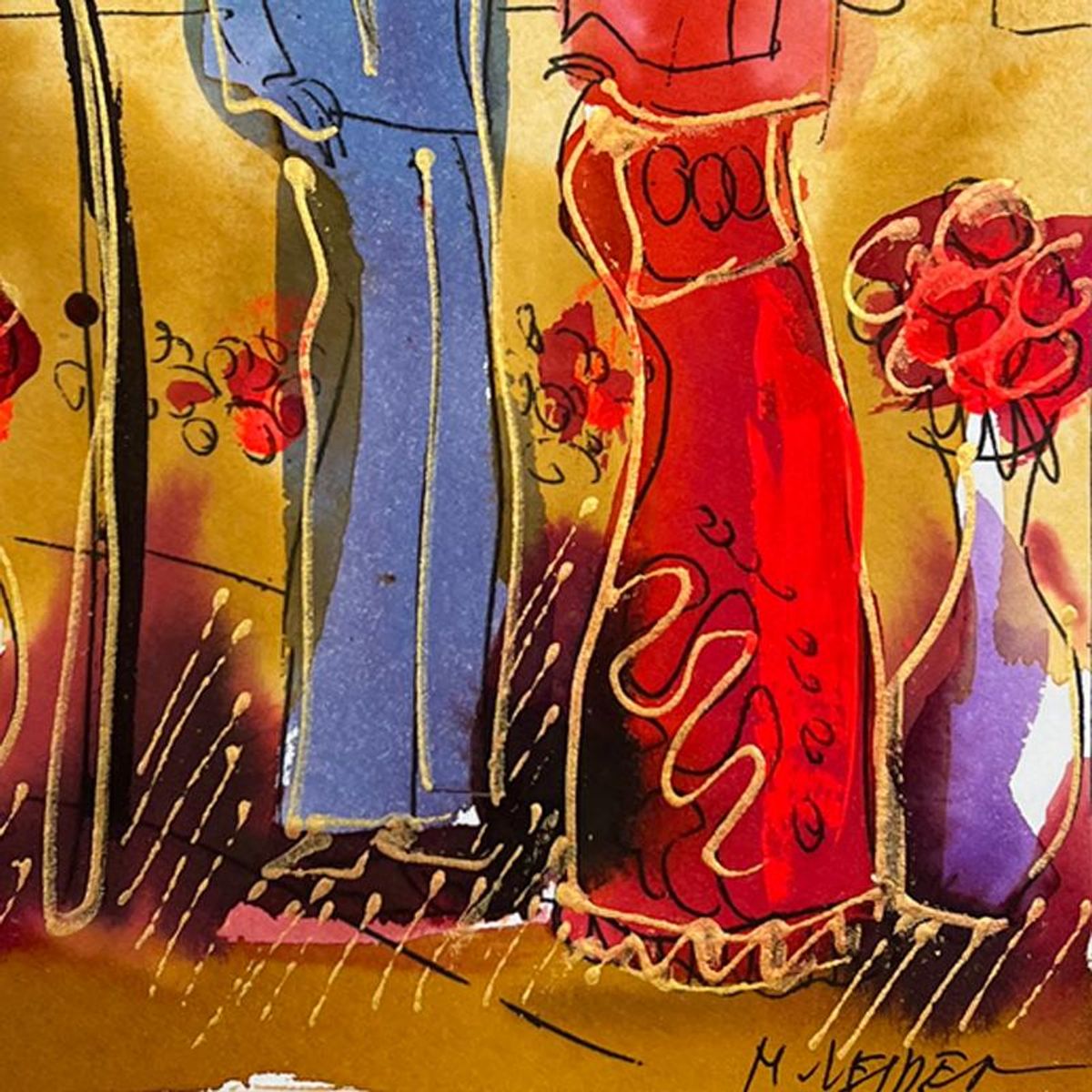 Moshe Leider, Framed Original Mixed Media Watercolor Painting, Hand Signed with Letter of Authenticity.