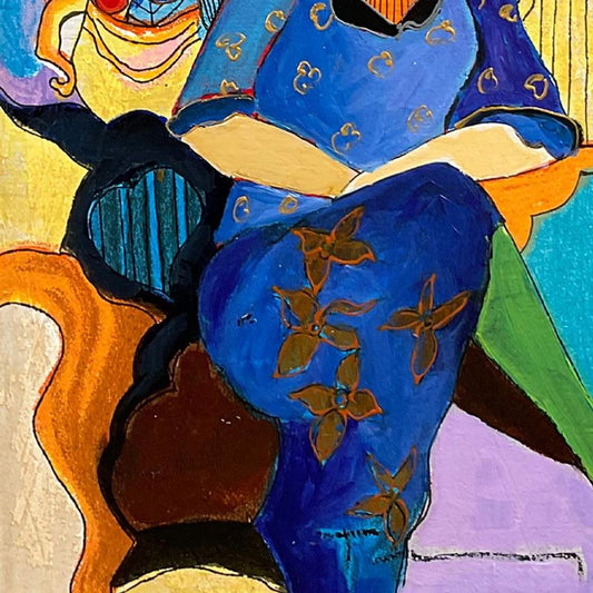 Itzchak Tarkay (1935-2012), "Waiting" Framed One-of-a-Kind Mixed Media Over Paint on Wood, Hand Signed with Letter of Authenticity