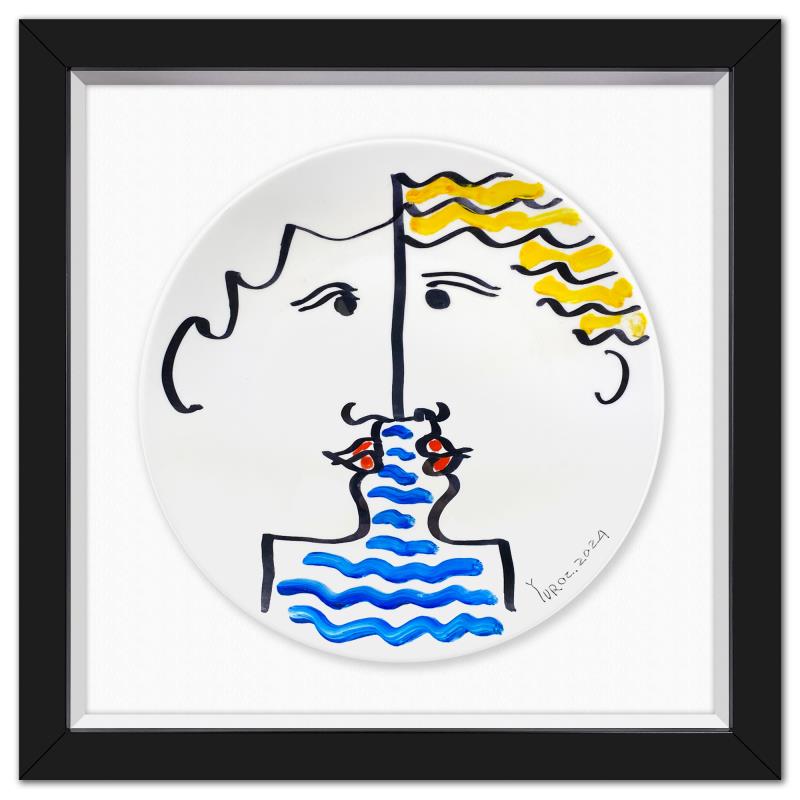 Yuroz, Framed Hand Painted Ceramic Plate, Hand Signed with Letter of Authenticity.