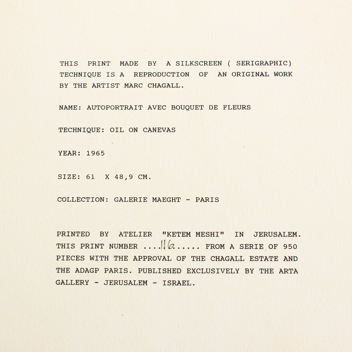 Marc Chagall- Serigraph "Autoportrait Avec Bouquet"