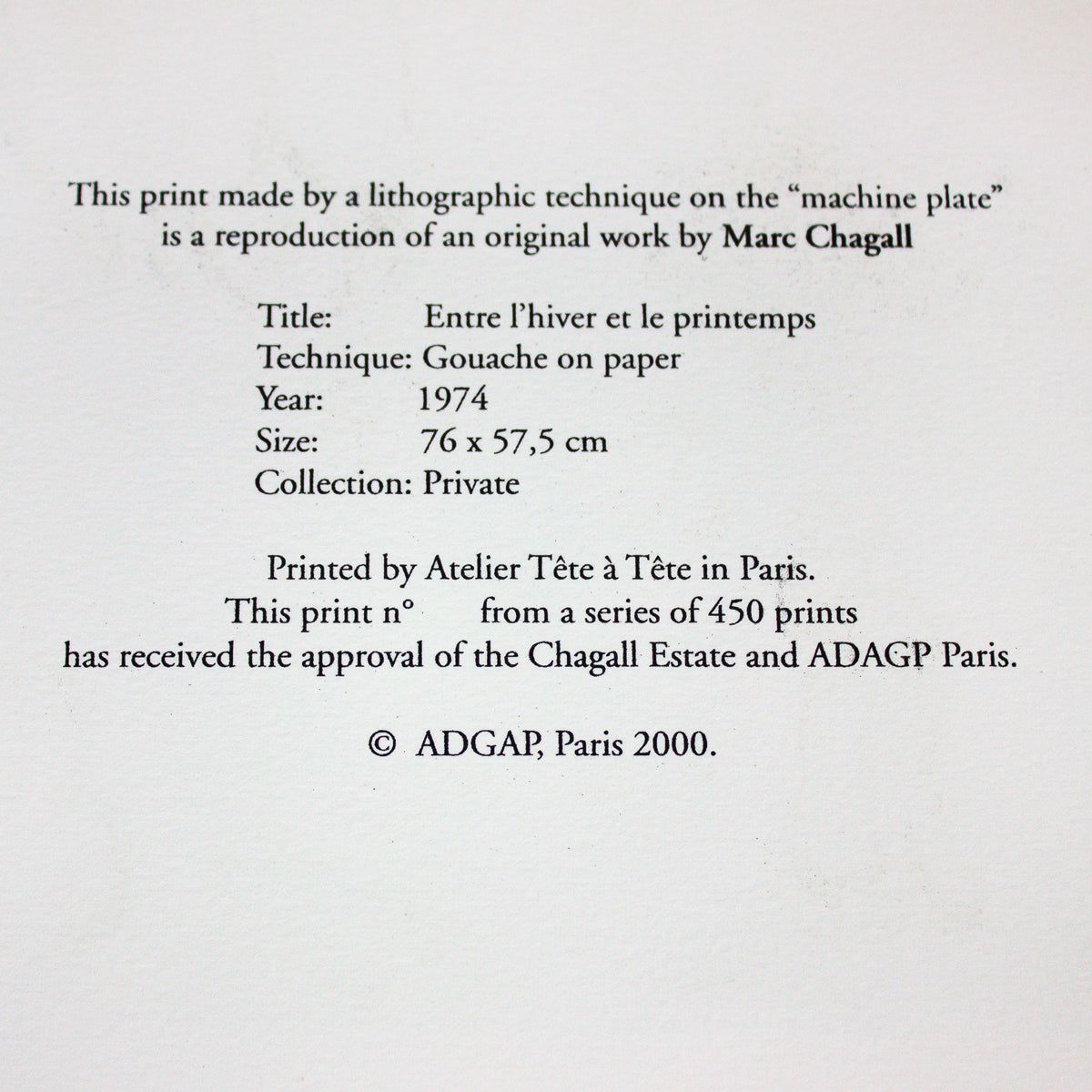 Marc Chagall- Lithograph "Entre L'hiver Et Le Printemps"