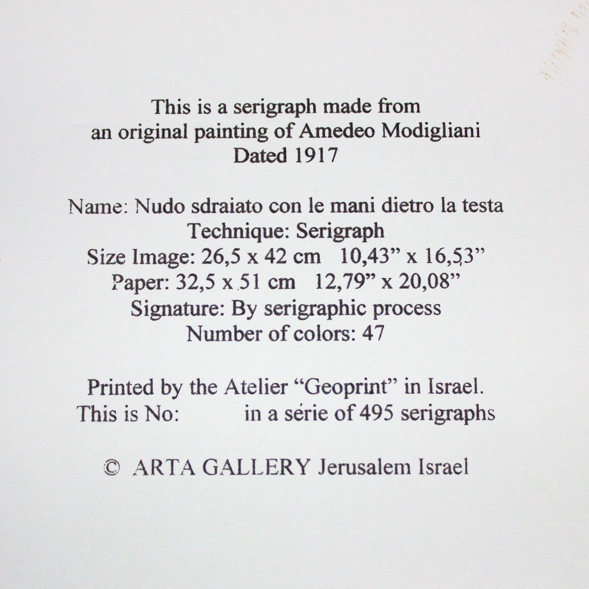 Amedeo Modigliani- Serigraph "Nudo Sdraiato Con Le Mani Dietro La Testa"