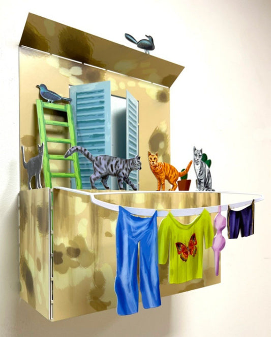 David Gerstein- Print on Steel "BALCONY WITH CATS"